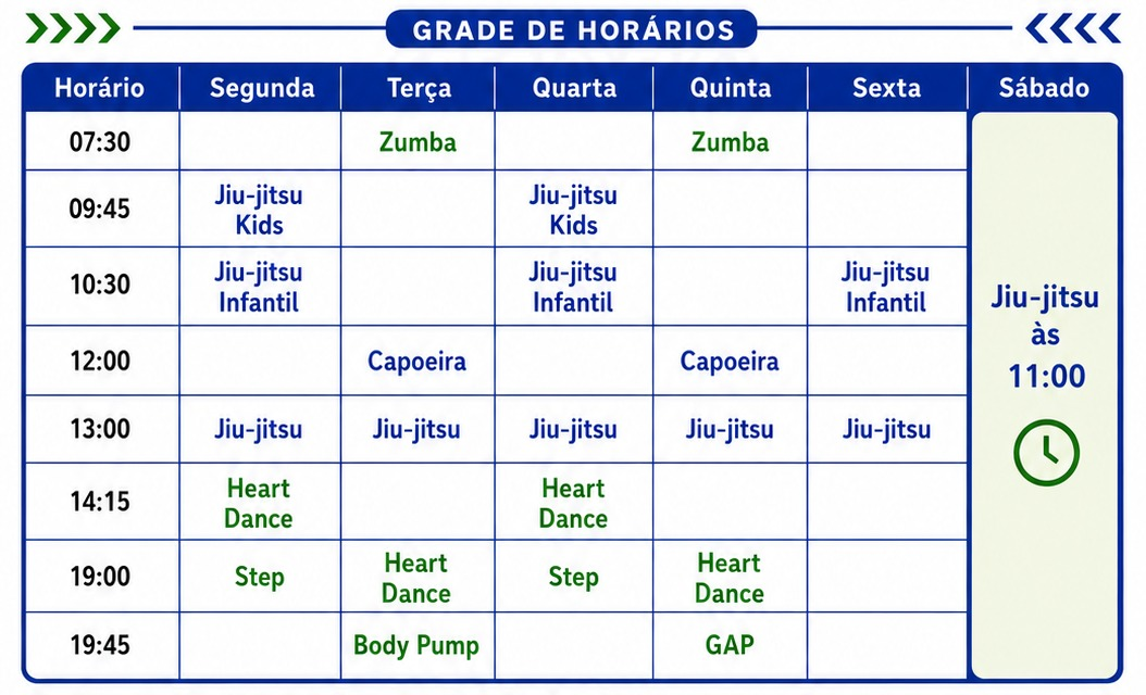 Grade semanal das aulas coletivas da Academia Motivida, com horários de segunda a sábado